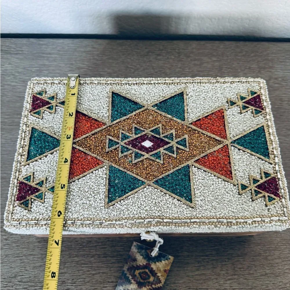 Southwest Western Aztec Tribal Beaded Teal Orange Gold Decor Storage Box